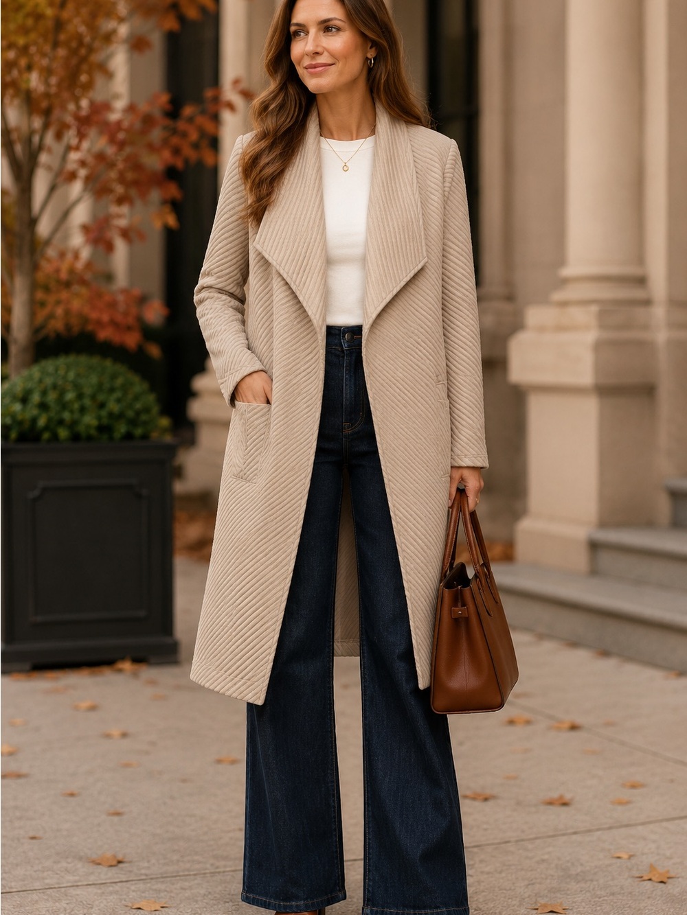 Taupe Ribbed Long Jacket Waterfall Collar Open Front Coat Quiet Luxury Minamlist